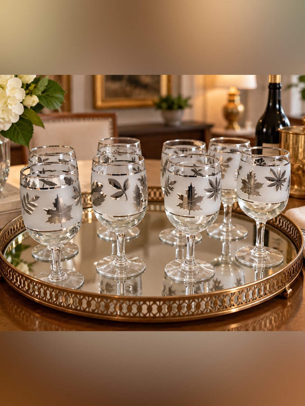 vintage mid-century modern Libbey "Silver Leaf" stemware glasses, featuring a fr